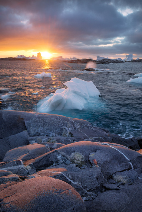 Although mostly covered in ice and snow, some of Antarctica's islands have the most beautiful, exposed ice-smoothed rock, such as this pink foreground granite. With distant icebergs it is a place of primeval grandeur.