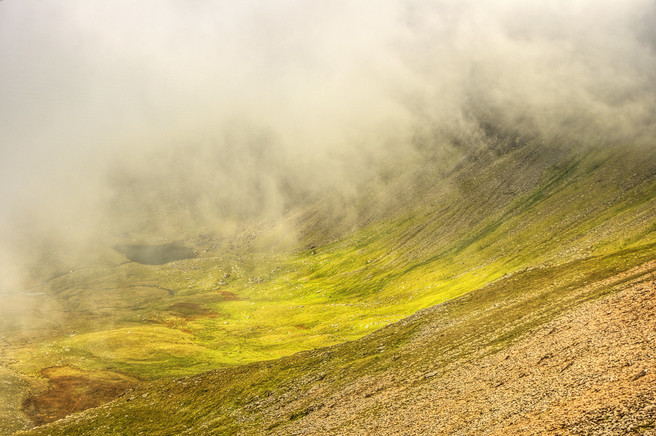 Mists parting to let in temporal light to Cwm Clogwyn, on Yr Wyddfa