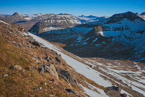 Looking back down the steep slope of the mountain of Slættaratindur (882 m). Ice and snow prevented any further progress. Not seen in the picture.