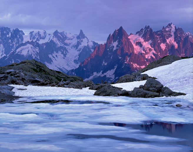 Sunset with a view on Montblanc grid, late June. Toyo 45AII, Apo Symmar 210mm, Fuji RDP III.