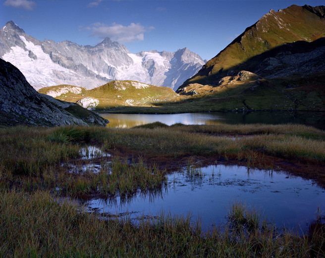 Morning light illuminates a mountain grid near Montblanc, September. Pentax 67II, SMC Pentax 55-100 mm lens, Fuji Reala.