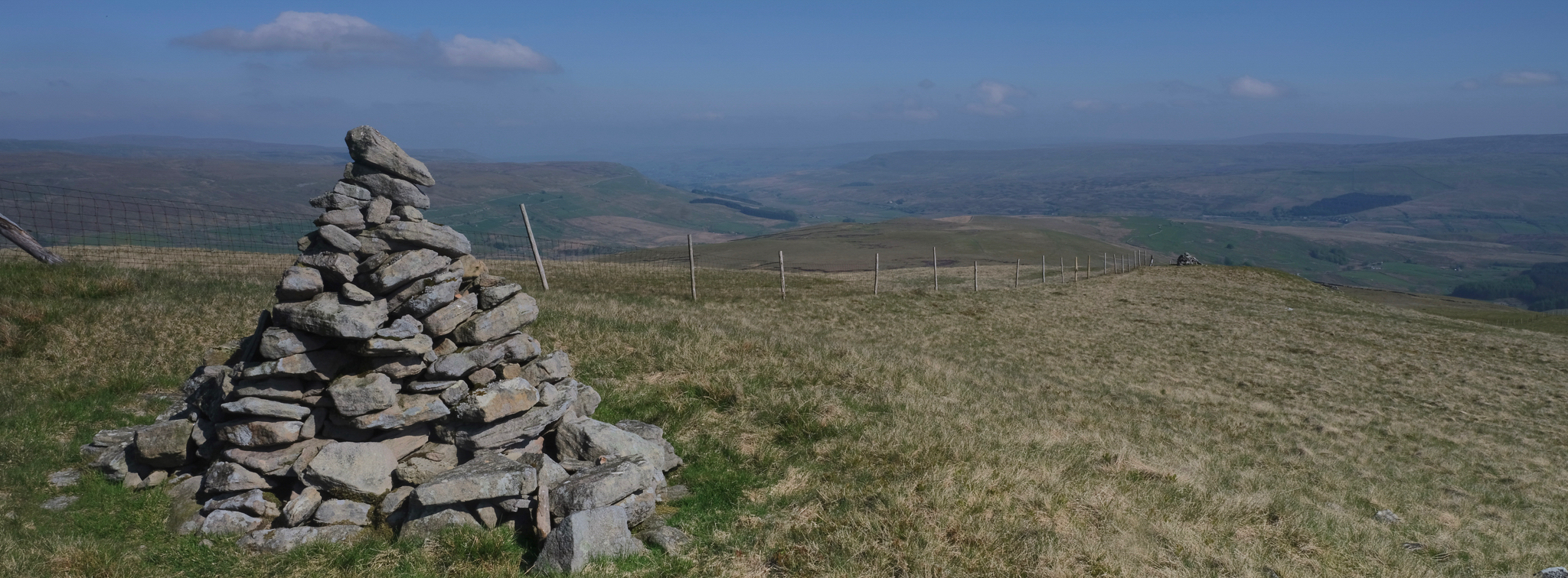At the 3-way divide on Swarth Fell, looking south-west towards the Ure and Wensleydale, with the Eden in Mallerstang flowing to the north to the left, and Garsdale flowing west to the right.